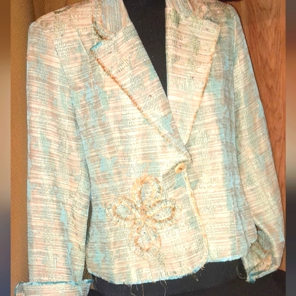 Isabel Jackets & Blazers - Isbell Ladies Designer Suit Jacket / Neutrals with Turquoise Accent / Boutique L